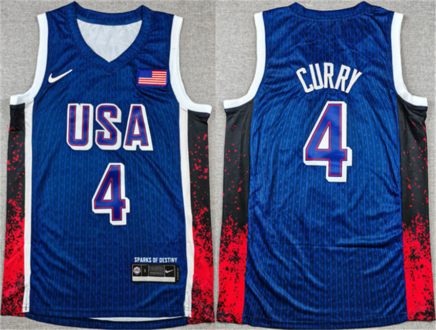 Men's Navy USA Basketball #4 Stephen Curry 2024 Olympics Stitched Jersey